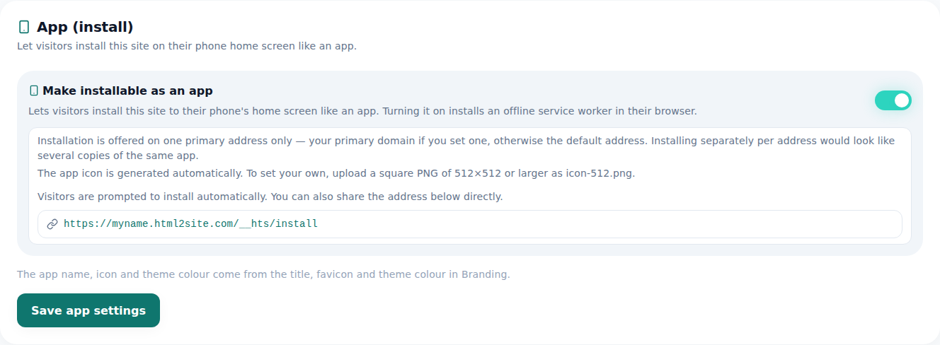 The editor's App (install) tab — settings that let visitors install your site like an app