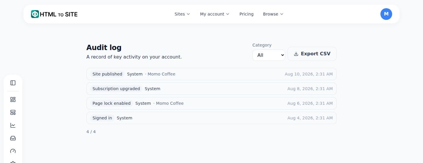 The Audit log screen — who did what and when, newest first, with category filters