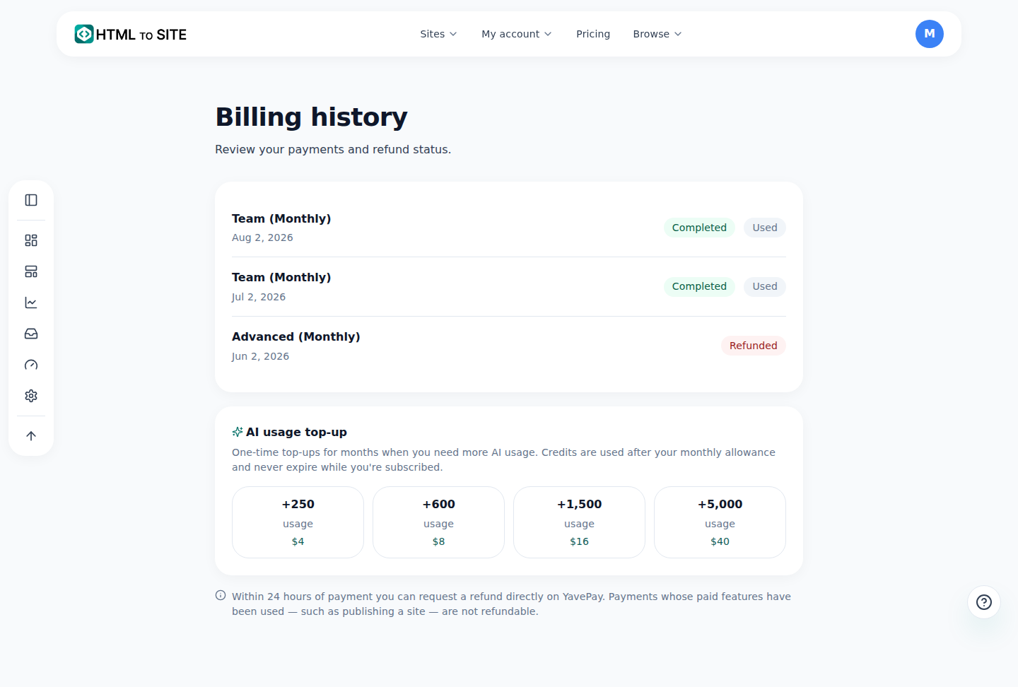 The Billing screen — current plan, next billing date, payment method, and past payments
