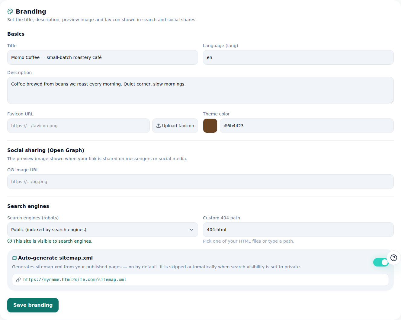 The editor's Branding tab — site title and description, plus the file to serve as the 404 page