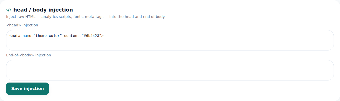 The editor's Code injection tab — fields for raw HTML to place in head and body