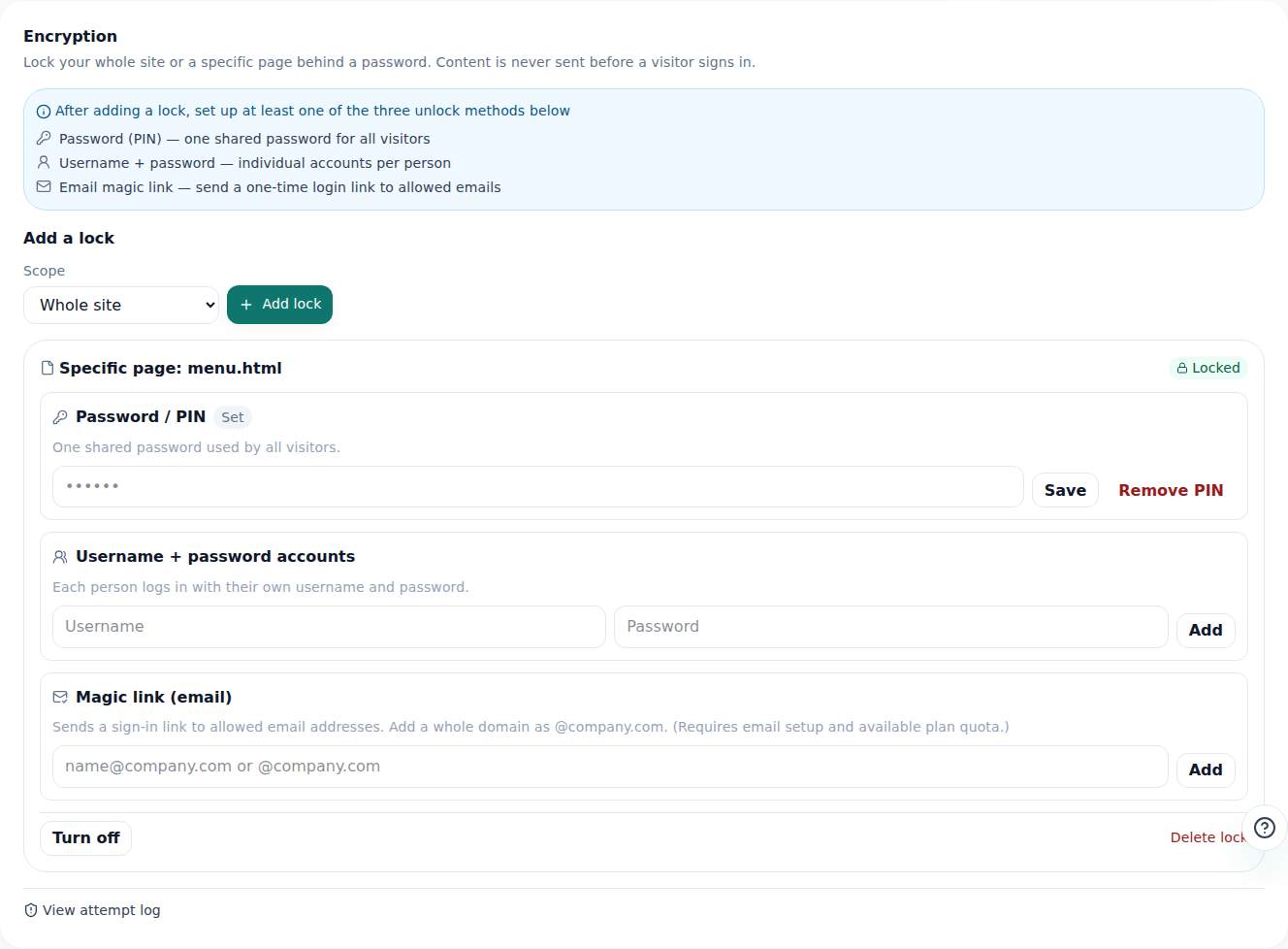 The editor's Encryption tab — per-page locks and the unlock methods (PIN, ID/password, email link)