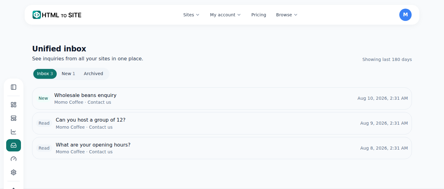 The unified inbox — submissions from every site, newest first