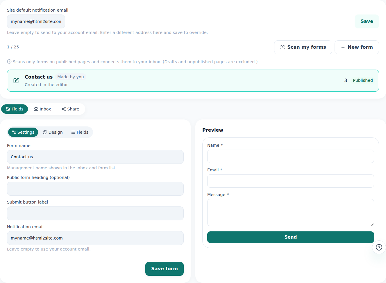 The editor's Inquiries tab — your forms and the submissions they received, in one place