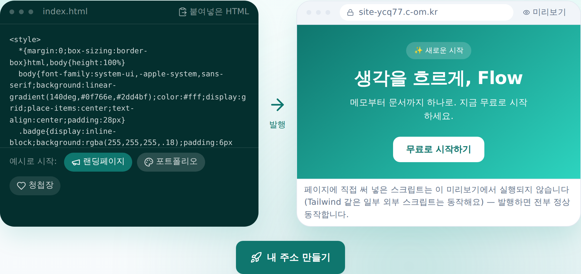 HTMLtoSITE 첫 화면 — 왼쪽 입력창에 붙여넣은 HTML이 오른쪽 미리보기 창에 실제 페이지로 렌더된 모습