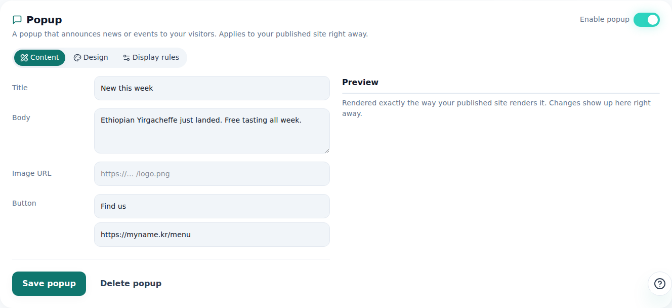 The editor's Popup tab — title, body, button, and the rules for when it appears