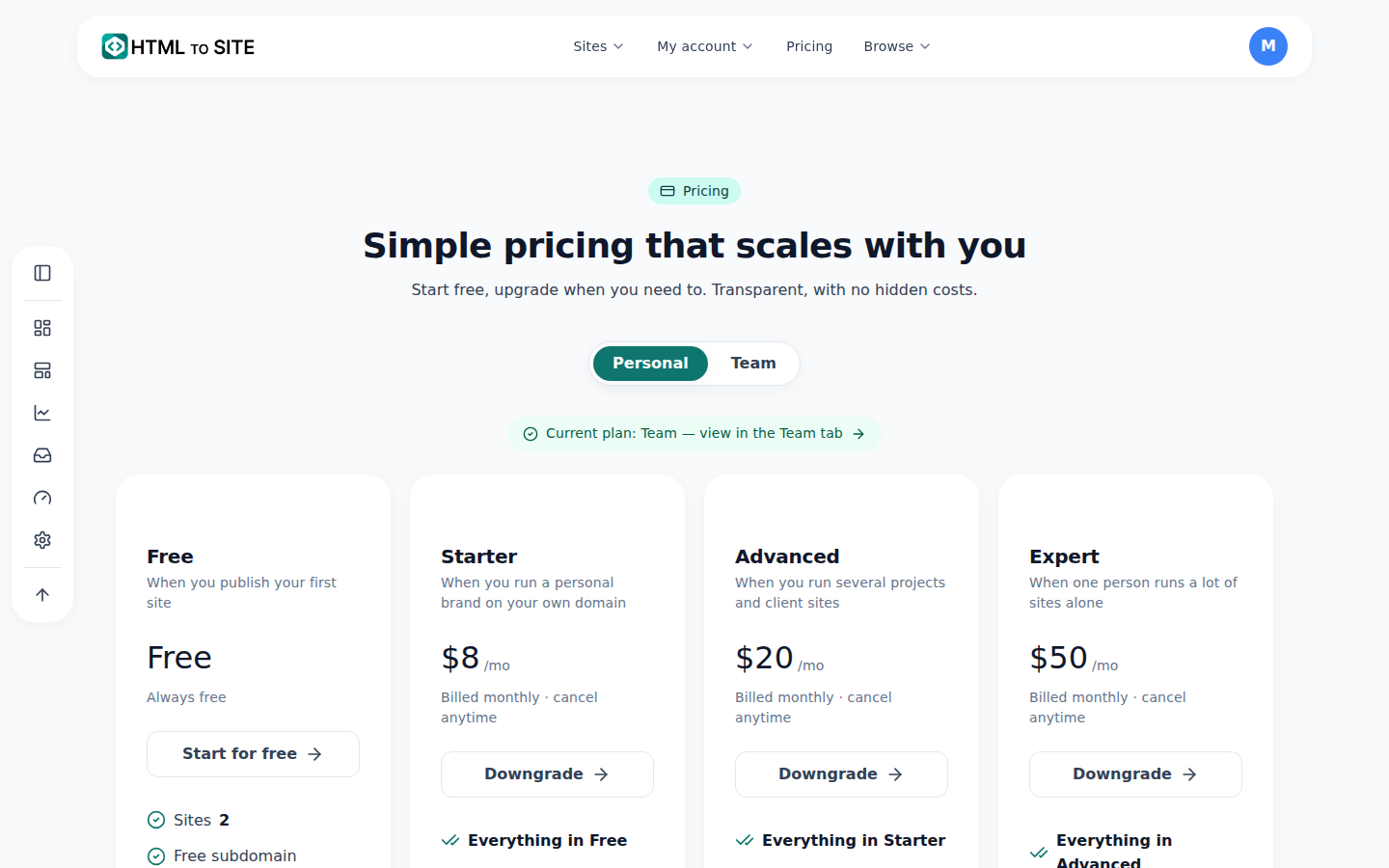 The Pricing screen — limits and features compared side by side, from free to the top tiers