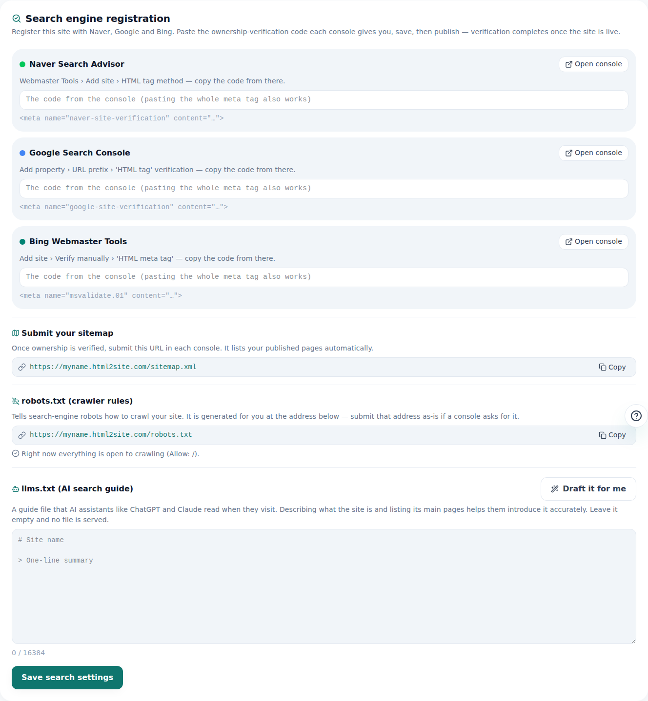 The editor's Search registration tab — verification code fields for Naver, Google and Bing, plus the sitemap, robots and llms.txt addresses