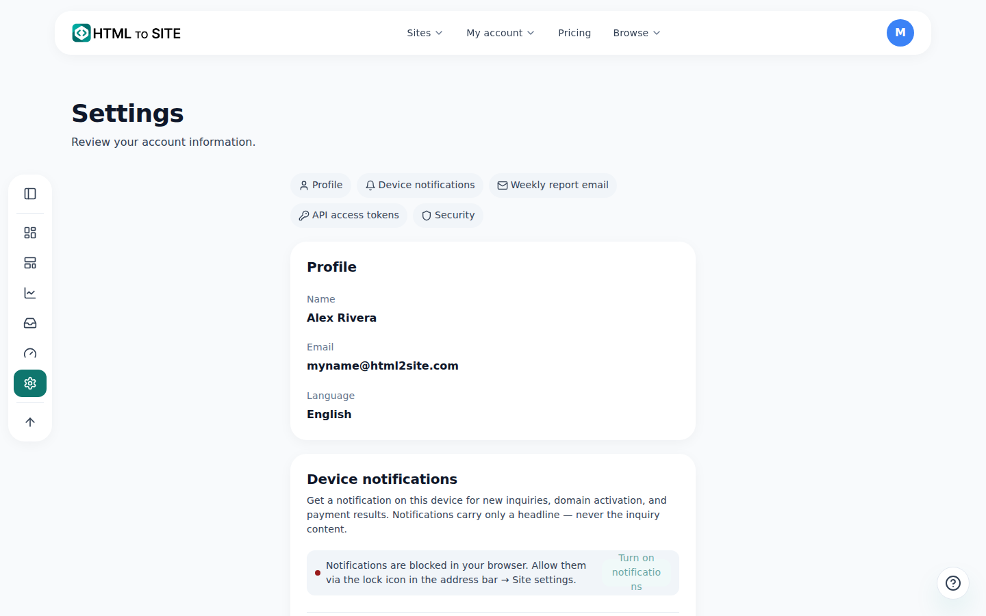 The Account settings screen — notifications, the weekly report, access tokens and other account-level settings