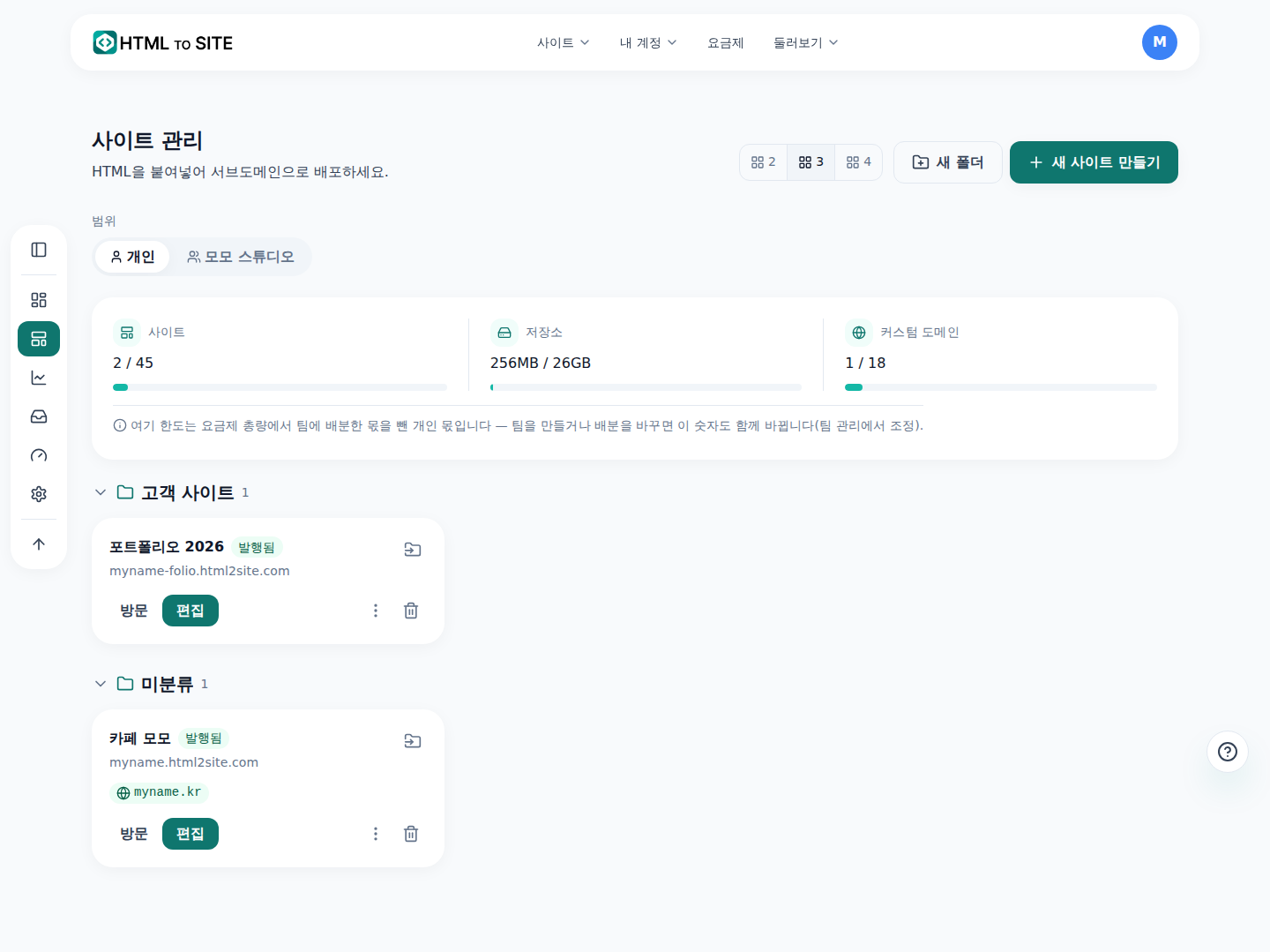 사이트 관리 화면 — 폴더로 묶인 사이트 카드 목록과 위쪽의 사이트·저장소·도메인 사용량 막대