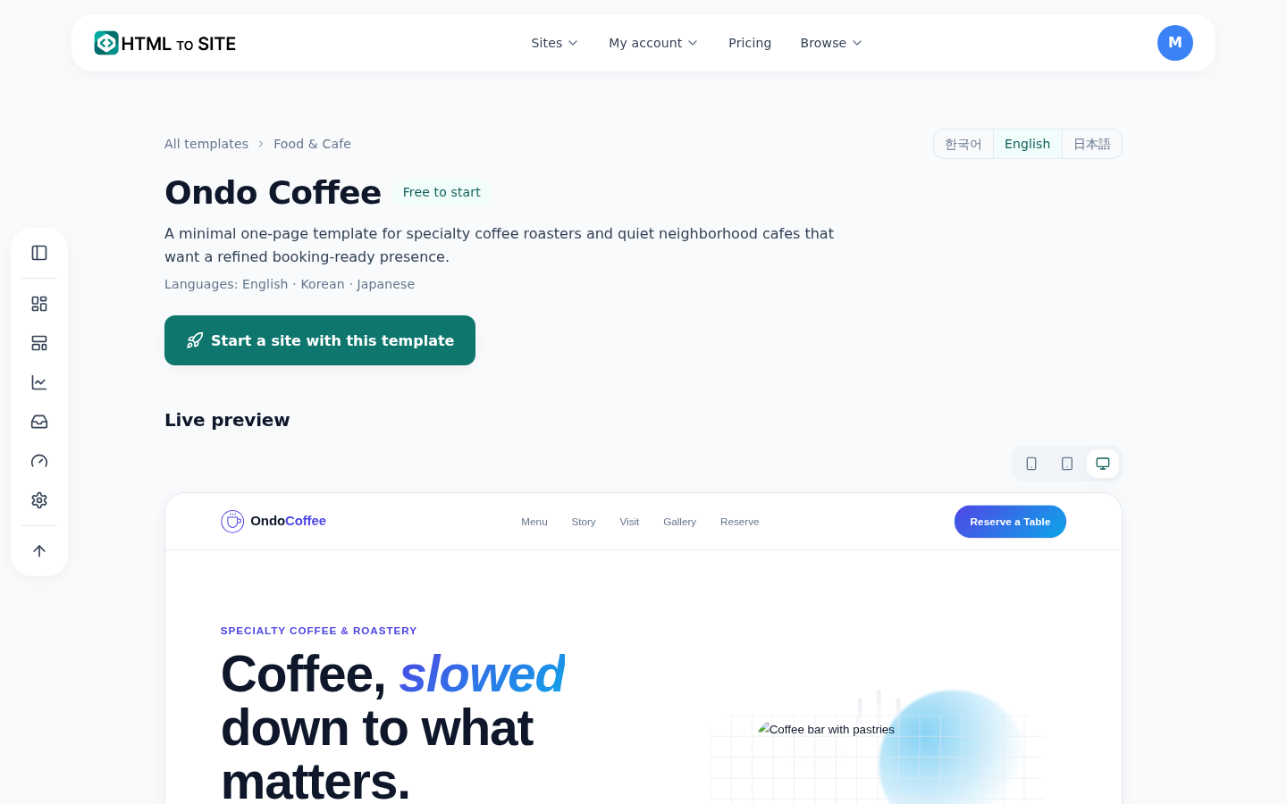 A template's detail page — live preview with page tabs and desktop/mobile width switches