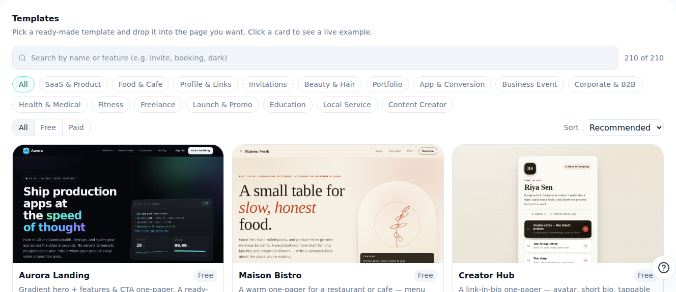 The editor's Templates tab — template preview cards laid out in a grid