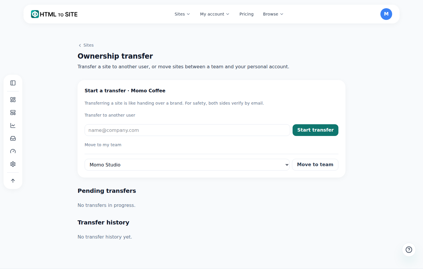 The Transfer screen — outgoing requests, incoming offers, and past transfers, kept apart